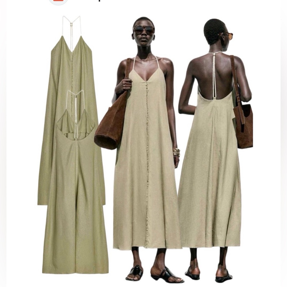 Zara Olive Green Sleeveless V-Neck Maxi Dress with Back Strap NWT